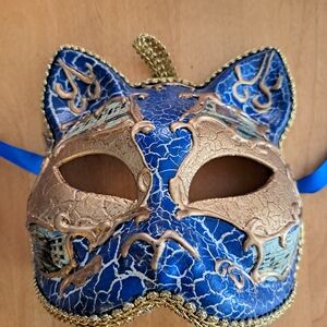 Vibrant Blue Masquerade Mask with Gold Trim - Unisex Lightweight